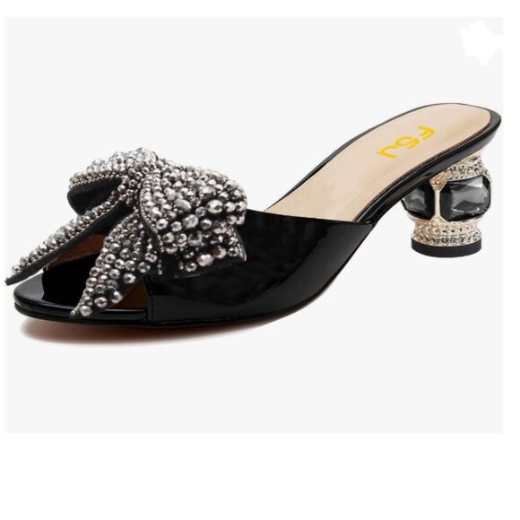 FSJ Black Luxury Crystal Chunky Heel Mules Rhinestone Bow Peep Toe Dress Shoes - Picture 1 of 7